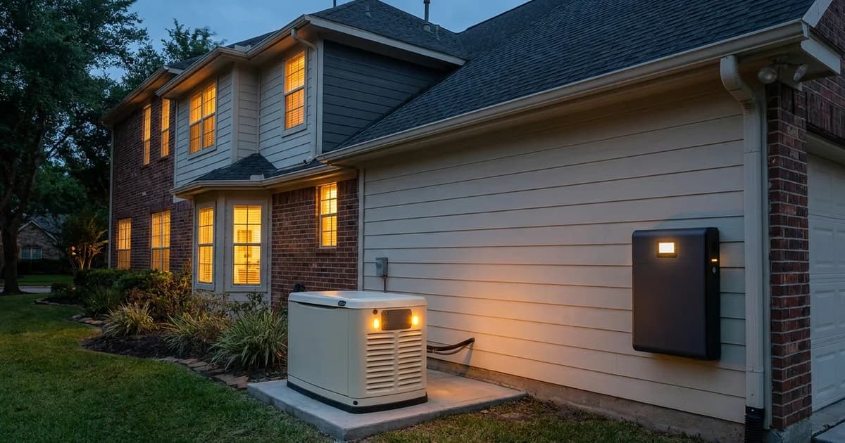 Houston home at dusk with an existing standby generator on a concrete pad and a wall-mounted home battery on the garage wall, both installed at the same house.