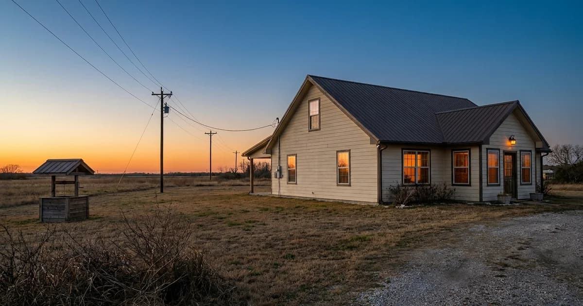 Rural Brazoria County home on a large lot with a well house and an overhead power line running toward the horizon at dusk