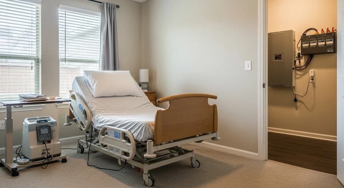 Elder care Houston home interior with adjustable hospital-style bed, oxygen concentrator on a side table, and a wall-mounted home battery backup unit visible in an adjoining utility room.