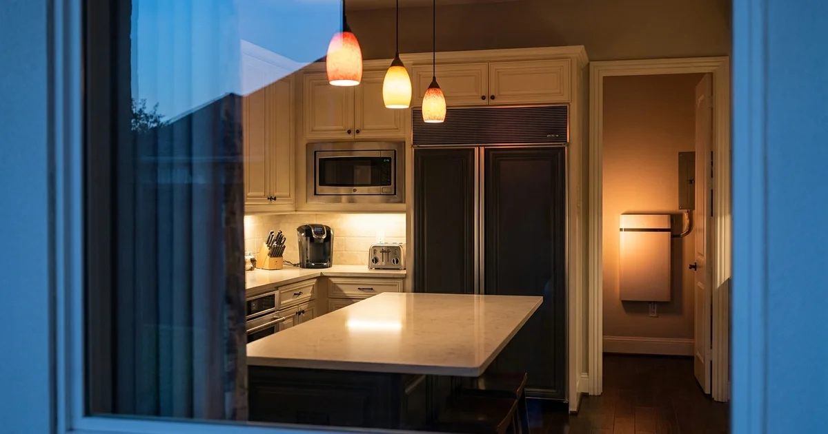 A kitchen counter in a Houston home at dusk with a refrigerator, microwave, coffee maker and toaster in view, and a wall-mounted home battery unit glowing softly in the adjoining utility room.