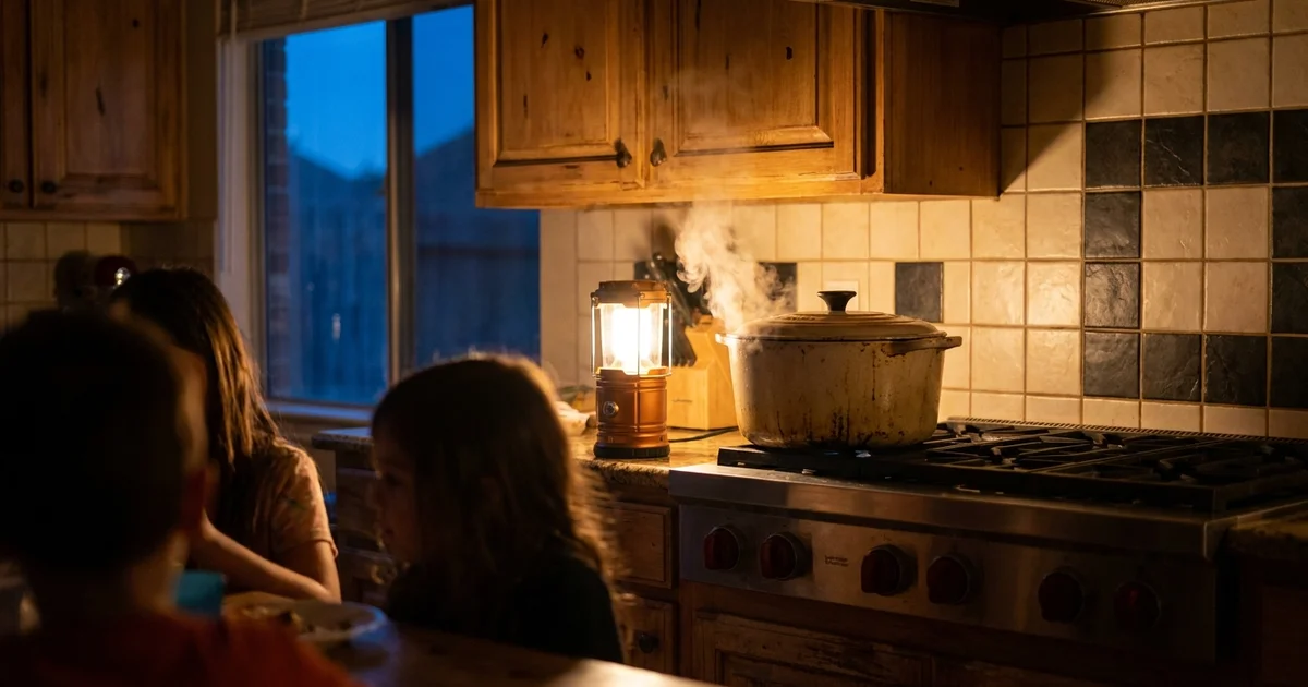 A large pot of water boiling on a stovetop range lit by a battery lantern during a Houston power outage.