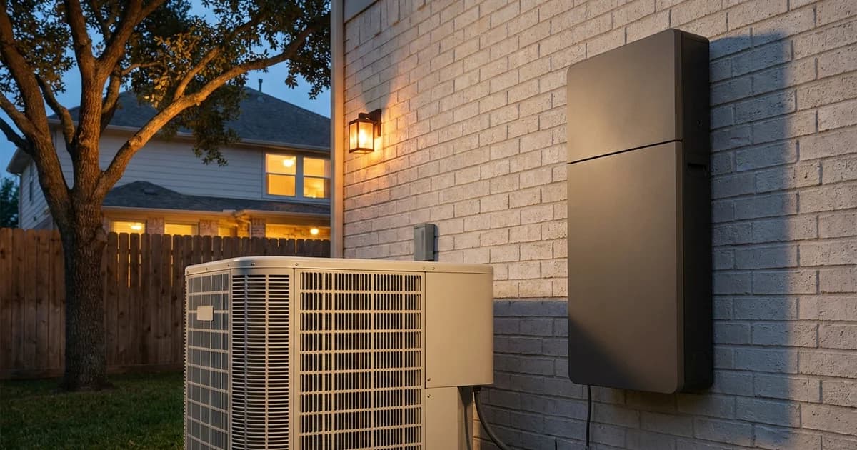 A residential central air conditioning condenser beside a wall-mounted home battery backup unit at a Houston home in late afternoon light.