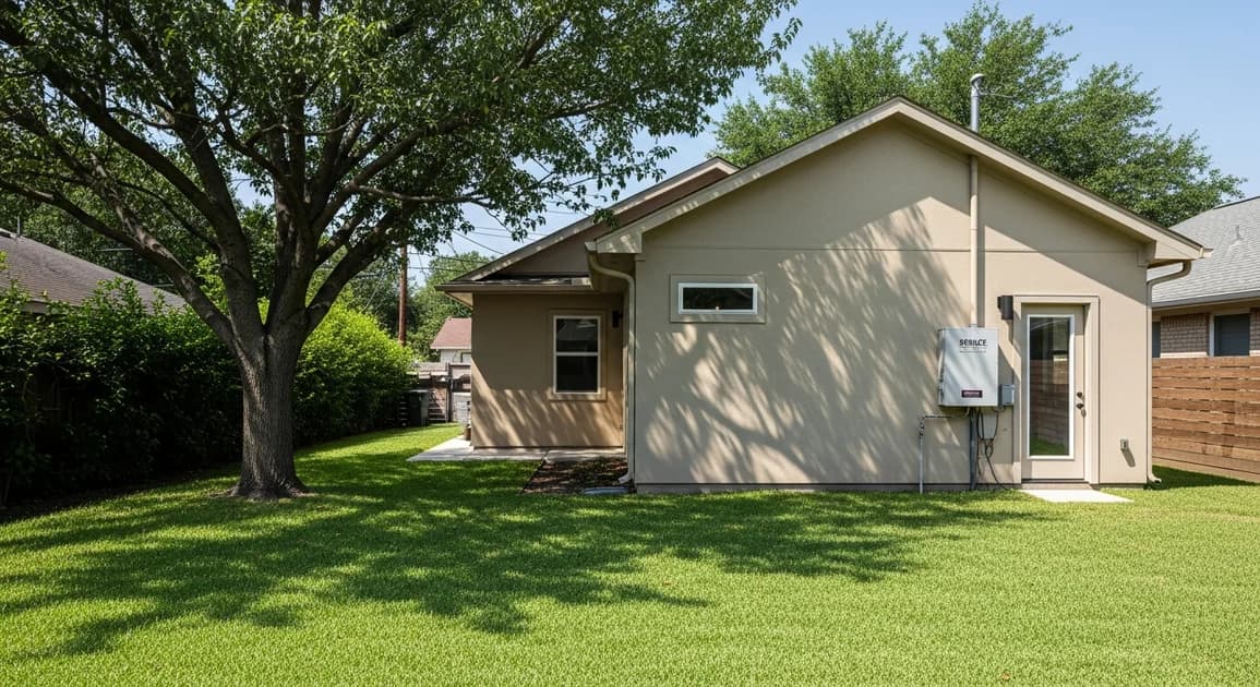 Houston backyard ADU (accessory dwelling unit) with a small wall-mounted home battery backup unit on the exterior, mature pecan tree shade.