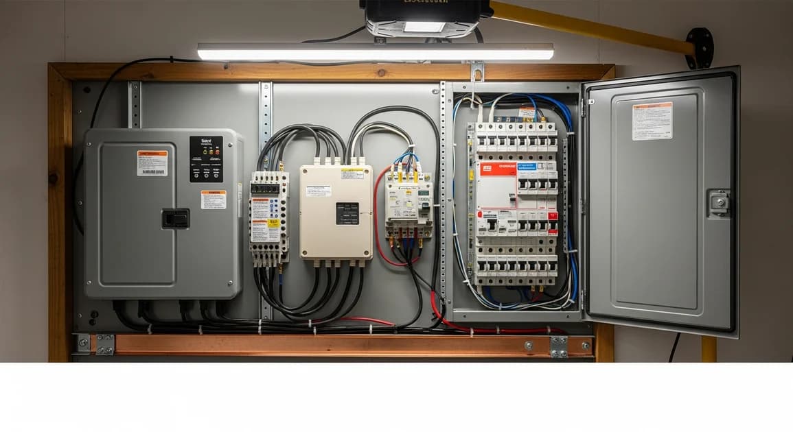 Open electrical panel interior in a Houston home with a battery gateway and transfer switch visibly wired in alongside the main breakers.