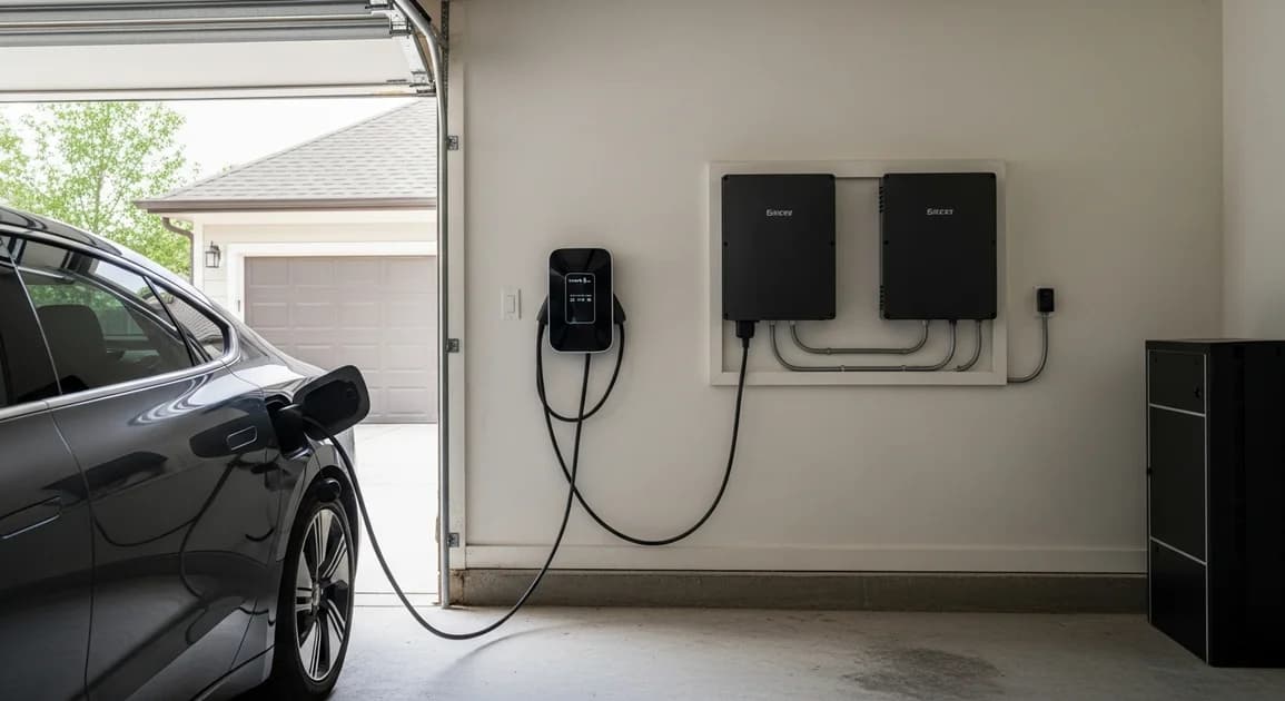Houston home garage with an electric vehicle plugged into a Level 2 wall charger, and a paired wall-mounted home battery backup stack visible.