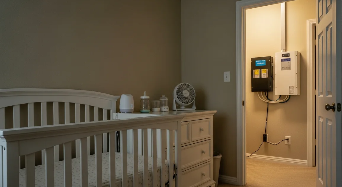 Houston nursery with crib, white noise machine, bottle warmer on dresser, and a wall-mounted home battery backup unit visible through an open door to the utility room.