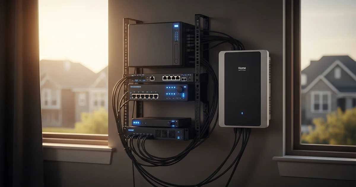 Tidy residential network rack in a Houston garage with a 1U server, NAS, managed switch, and rack UPS beside a wall-mounted home battery