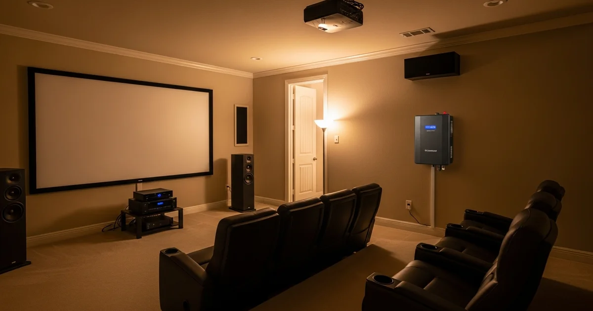 A dedicated home theater in a Houston home with a ceiling projector, recliner seating, an AV equipment rack, and a wall-mounted home battery keeping the movie running during a storm.
