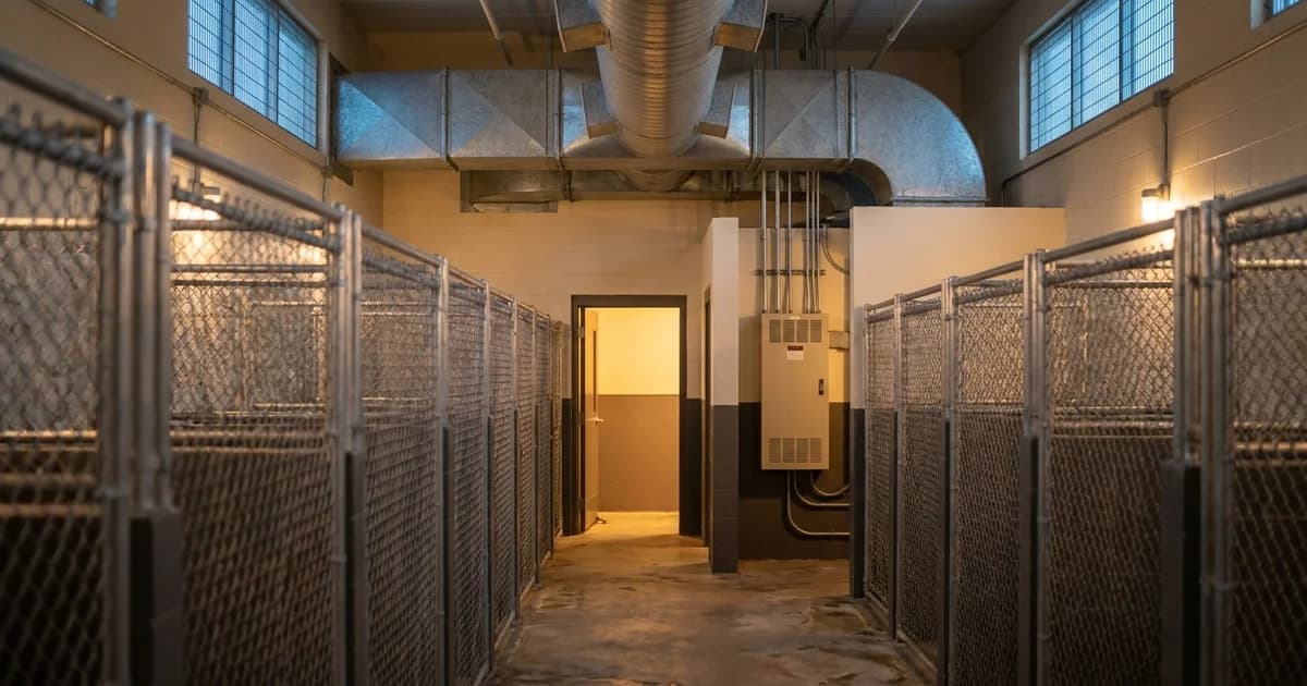 A Houston animal shelter kennel corridor at dusk, stainless steel runs along both walls, overhead ventilation ductwork running the length of the ceiling, warm amber light spilling from an open doorway at the far end, and a wall-mounted battery backup cabinet with conduit in the utility alcove beside it.