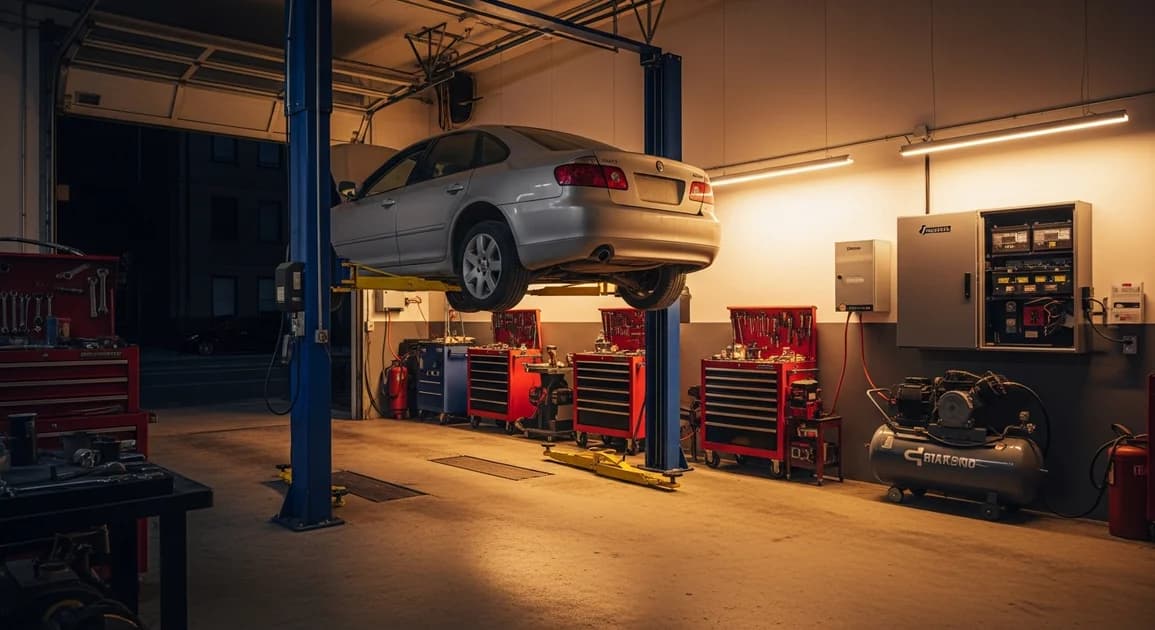 The interior of an auto-repair shop with a vehicle on a lift and tool chests, lit during an outage, with a wall-mounted battery backup cabinet on the shop wall.
