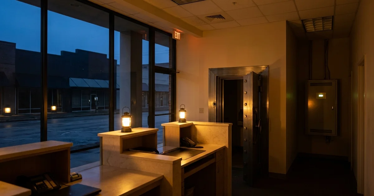 A small Houston bank branch interior at dusk during a neighborhood power outage, with a lit teller counter, an open vault vestibule, and a wall-mounted battery backup cabinet in the service corridor, seen against dark storefronts across the street through the glass.
