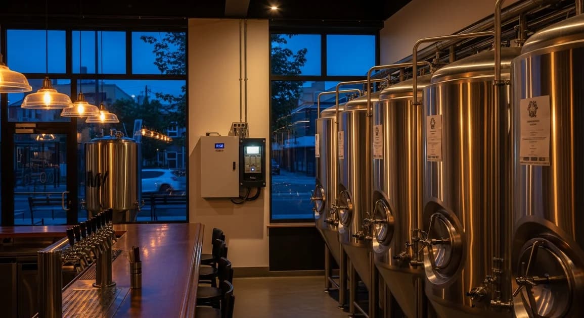 The interior of a craft brewery with stainless fermentation tanks and a taproom bar, lit during an outage, with a wall-mounted battery backup cabinet on the wall.