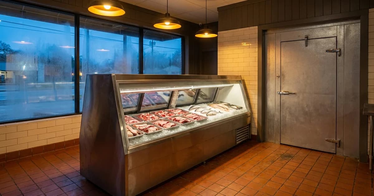 Interior of a small Houston butcher shop at dusk, a stainless steel open front refrigerated display case holding trays of cut meat and whole fish on crushed ice, warm amber work light falling across the tile floor, a heavy insulated walk-in cooler door with a brushed steel handle at the back wall, cool blue evening light coming through the front window, condensation on the glass, no people, no text, no logos