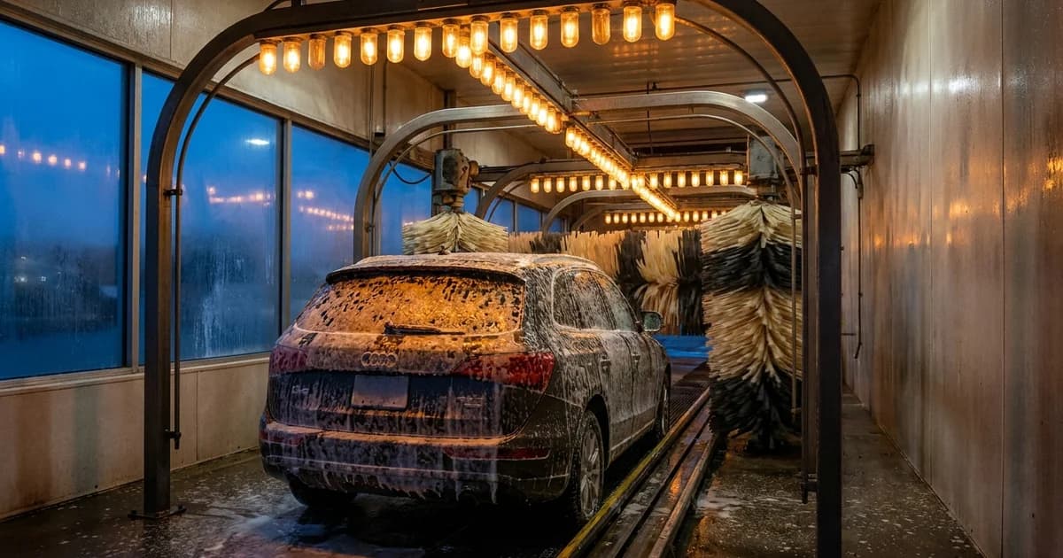 Interior of a conveyor car wash tunnel with foam covering a vehicle mid-cycle, tunnel lights receding into the distance.