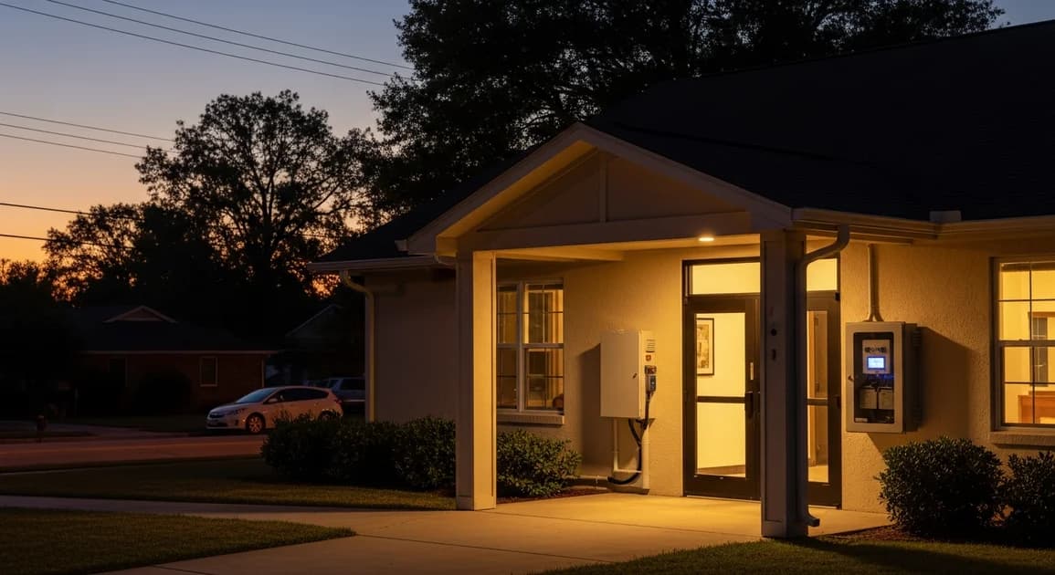 A church fellowship hall with warm lighting and open doors at dusk, a wall-mounted battery backup cabinet nearby, while the surrounding neighborhood is dark during an outage.