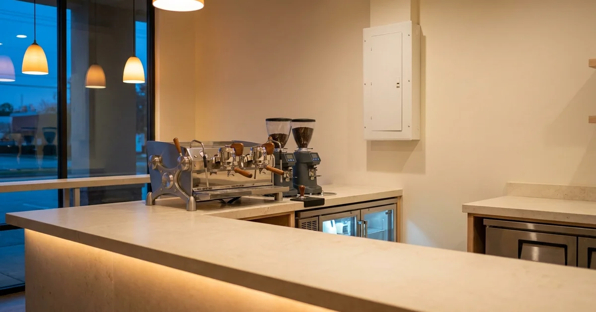 A quiet Houston cafe counter at dawn with a two group espresso machine, two grinders and an undercounter milk cooler, lit by warm amber light, with a white wall mounted battery cabinet visible on the back wall and no people.
