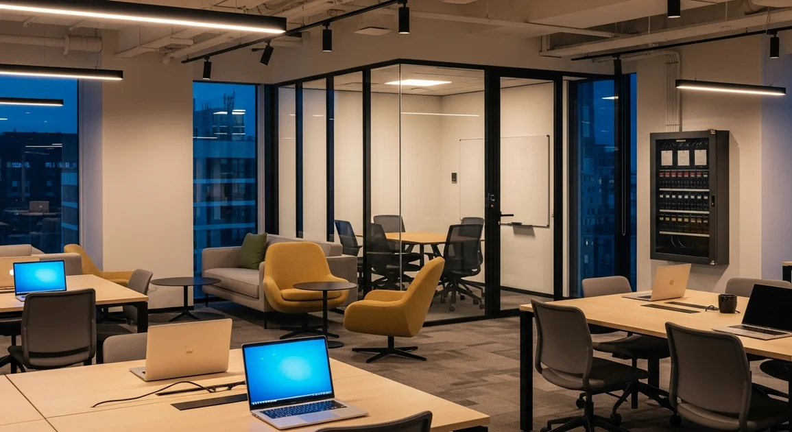 A modern coworking space with shared desks, laptops, and lounge seating, lit and running during an outage, with a wall-mounted battery backup cabinet by the wall.
