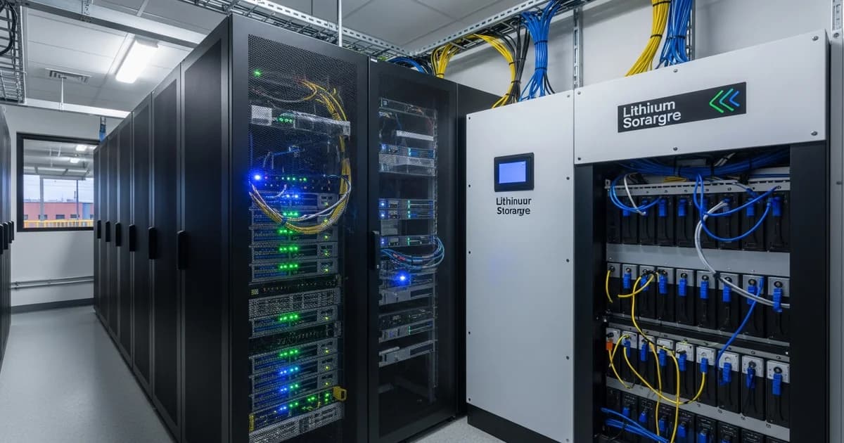 Small Houston edge data center server room with equipment racks, in-row cooling, and a wall-mounted battery backup cabinet.