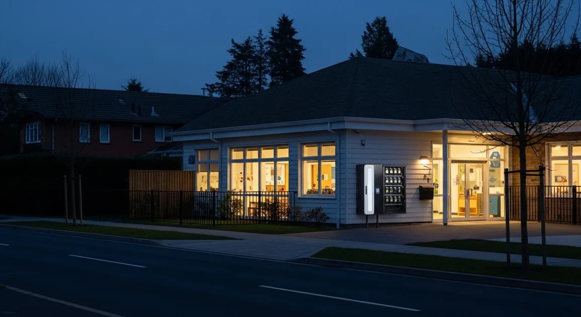 A bright single-story childcare center in Houston with a wall-mounted battery backup cabinet beside the entrance, lights on during a neighborhood outage.