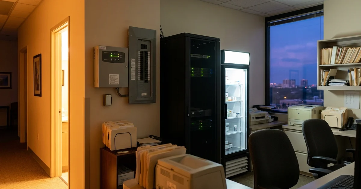 The back office of a Houston outpatient clinic at dusk, with a wall-mounted battery backup unit and a smart panel beside a server rack and a medication refrigerator, warm ember light from the hallway and cool blue light through the window, no people.