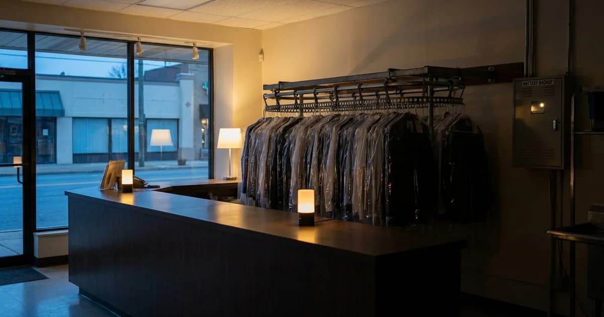 A dry cleaning storefront during a power outage, with a garment conveyor full of bagged orders behind a dark counter and a wall-mounted battery backup cabinet.