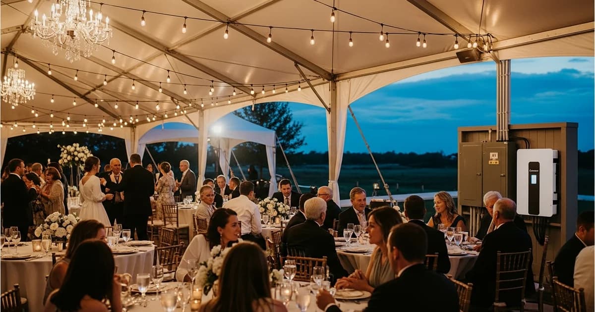 Elegant Houston event hall glowing with warm string lights and uplighting during a storm, rain-dark street visible through the windows and a discreet battery cabinet along the service wall.