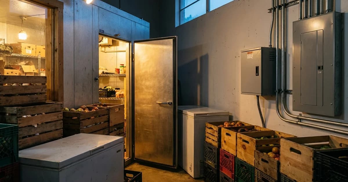 The back room of a Houston community food pantry at dusk, a stainless steel walk-in cooler door standing slightly open with warm amber light inside, rows of stacked produce crates and a chest freezer along the wall, and a wall-mounted battery backup cabinet with conduit beside the electrical panel.