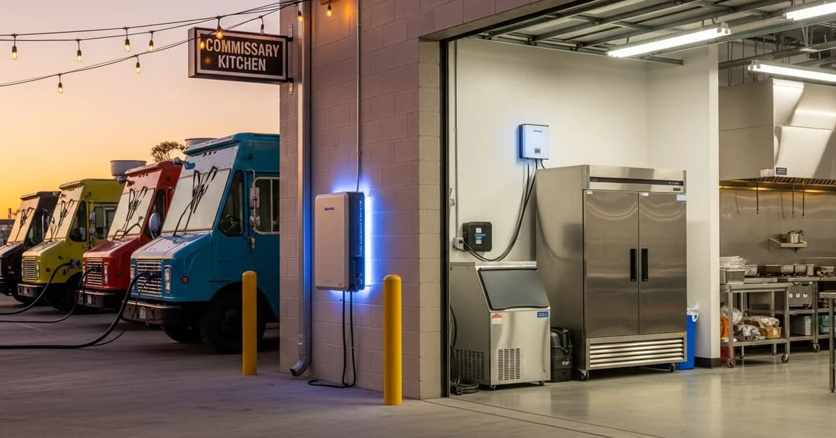 Food trucks parked overnight at a Houston commissary kitchen lot, plugged into shore-power pedestals, with a commercial battery cabinet on the building wall.