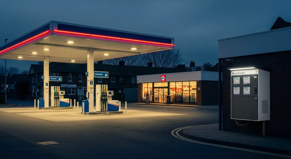 A fuel station canopy at dusk with a wall-mounted battery backup cabinet beside the convenience store, lights on while the street behind is dark.