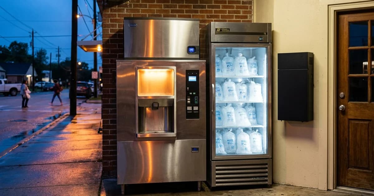 A stainless outdoor ice vending kiosk and a glass-door freezer of bagged ice glowing at dusk beside a small Houston storefront, with a wall-mounted home battery cabinet and a dark street behind.