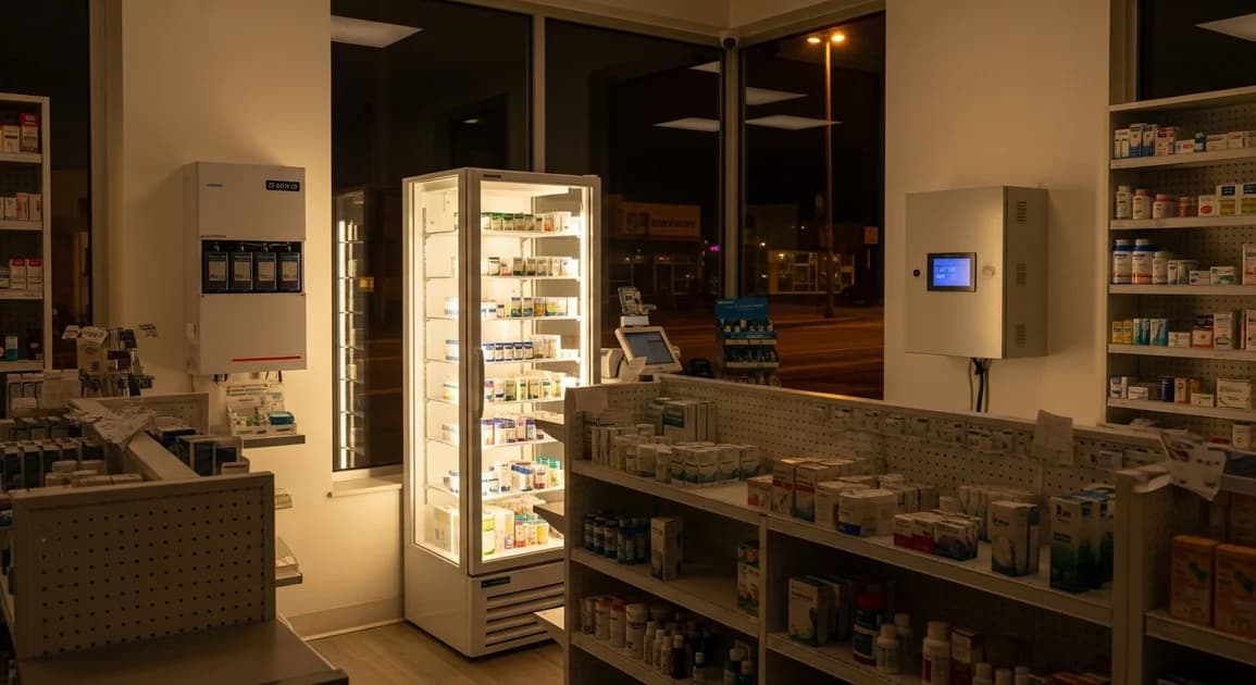 The interior of an independent community pharmacy with a medication refrigerator and dispensing counter, lit during an outage, with a wall-mounted battery backup cabinet nearby.