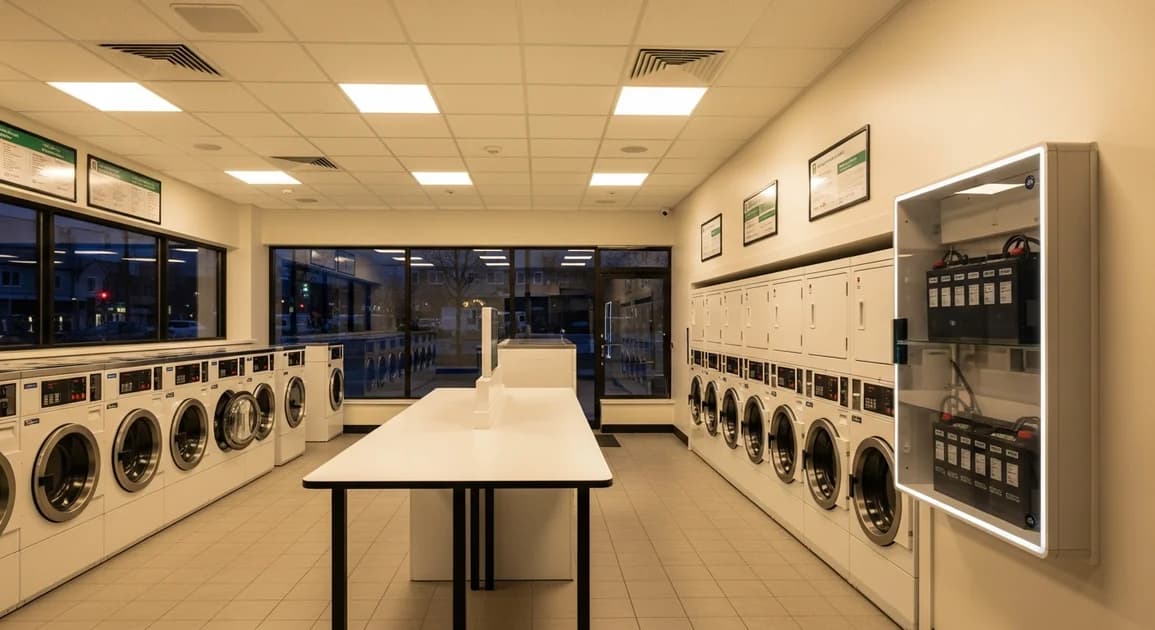 The interior of a laundromat with rows of front-load washers and dryers, lit during an outage, with a wall-mounted battery backup cabinet on the wall.