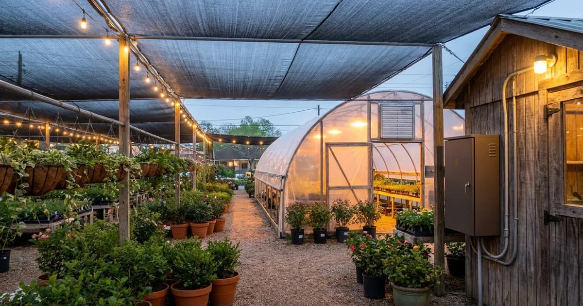 A Houston garden center at dusk under black shade cloth, with rows of potted shrubs and hanging baskets on gravel beds, a hoop-house greenhouse with roll-up side vents behind them, and a wall-mounted battery backup cabinet next to the irrigation pump house.
