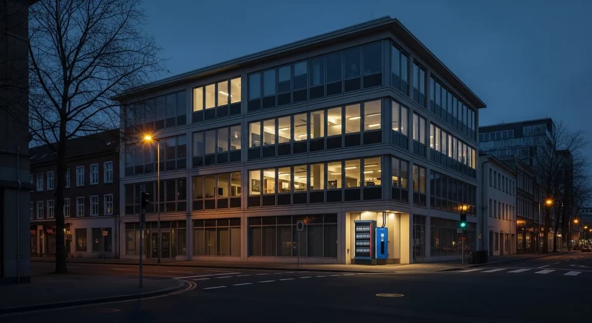 A modern low-rise Houston office building at dusk with lit windows and a wall-mounted battery backup cabinet at ground level, while the surrounding block is dark.