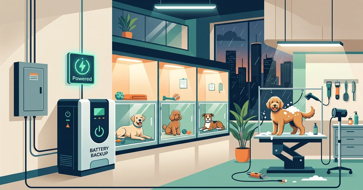 Clean commercial dog boarding kennel run in Houston with rows of gated enclosures and a wall-mounted battery cabinet visible at the end of the corridor.