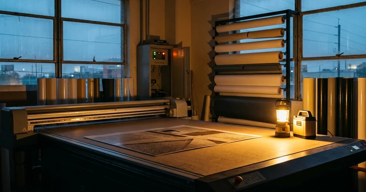 A Houston print and sign shop during a power outage, with a half-printed panel on a flatbed printer, racked vinyl rolls, and a wall-mounted battery backup cabinet.