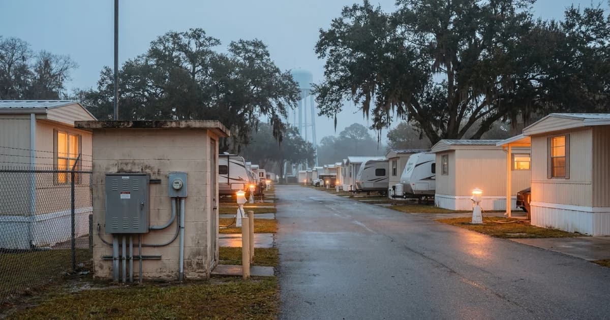 Early morning at a Gulf Coast manufactured housing and RV community, rows of pale mobile homes and covered electrical pedestals lining a wet asphalt drive, a small concrete block pump house in the foreground with a wall mounted battery cabinet and conduit runs beside a chain link fence, live oaks and a water tower behind