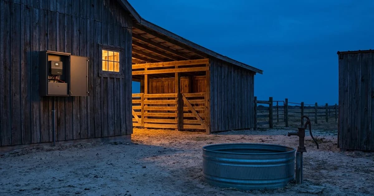 A small Texas ranch at blue hour with a wall-mounted battery cabinet and controller beside an open-sided barn, a stock tank and pump in the foreground, warm amber light glowing from the barn, pasture fence line fading into dusk, no people