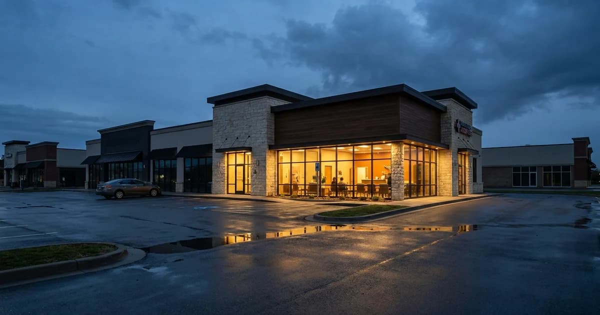 Suburban urgent care clinic with a lit interior at dusk while the surrounding retail strip and parking lot stay dark after a storm.
