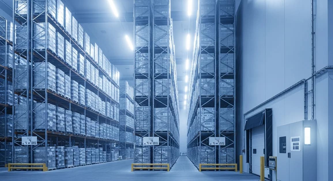 The interior of a refrigerated cold-storage warehouse with racked pallets, lit during an outage, with a wall-mounted battery backup cabinet near a loading dock.