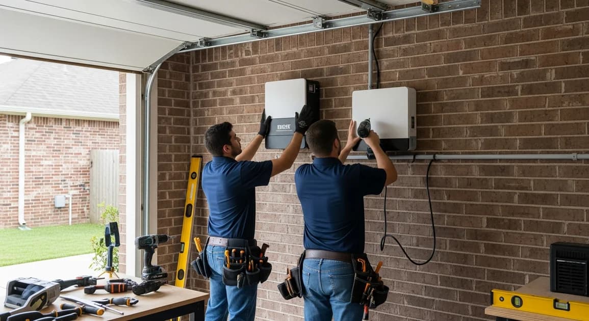 Eos install technicians mounting a home battery backup unit on the garage wall of a Houston suburban home, daylight from open garage door.