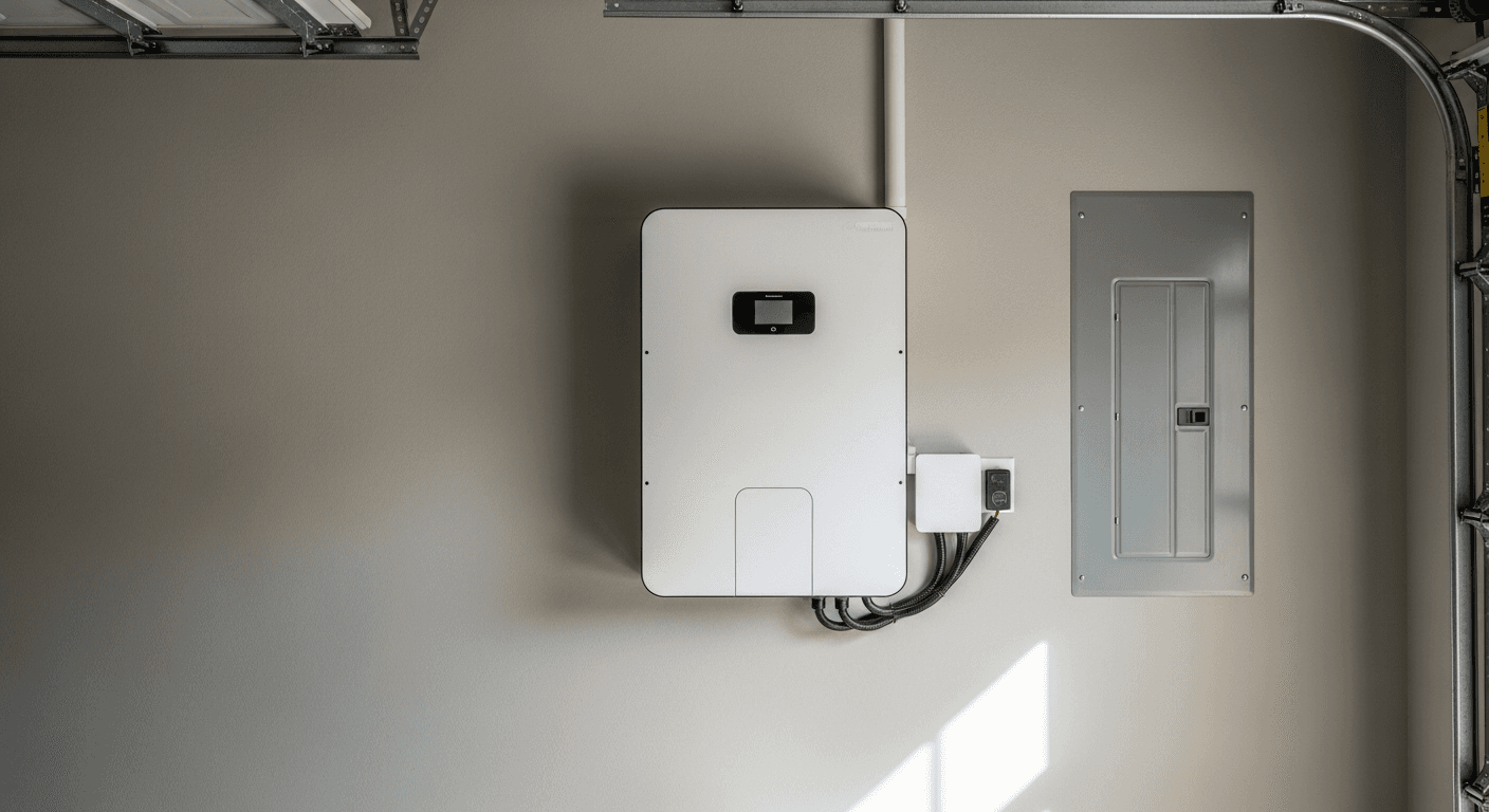 A wall-mounted home battery storage unit installed next to an electrical panel in a Houston-area garage
