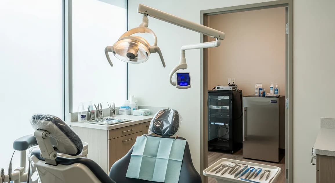 Texas dental practice operatory with chair, x-ray sensor, and adjacent server rack visible through doorway, modern clinical interior with even daylight.