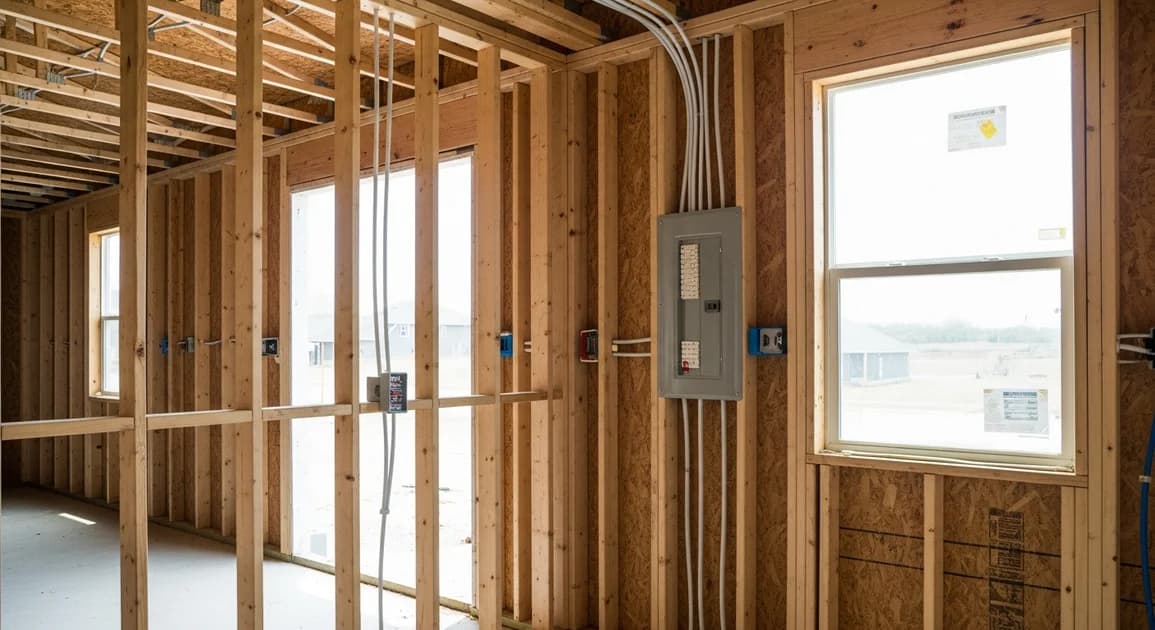 Open framing in a new-construction Houston home with conduit stubbed toward an electrical panel area for a future battery.