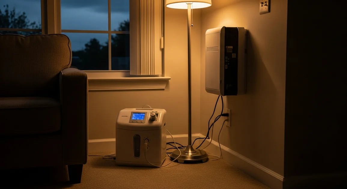A stationary home oxygen concentrator beside a wall-mounted battery backup unit in a calm Houston living room during a storm.