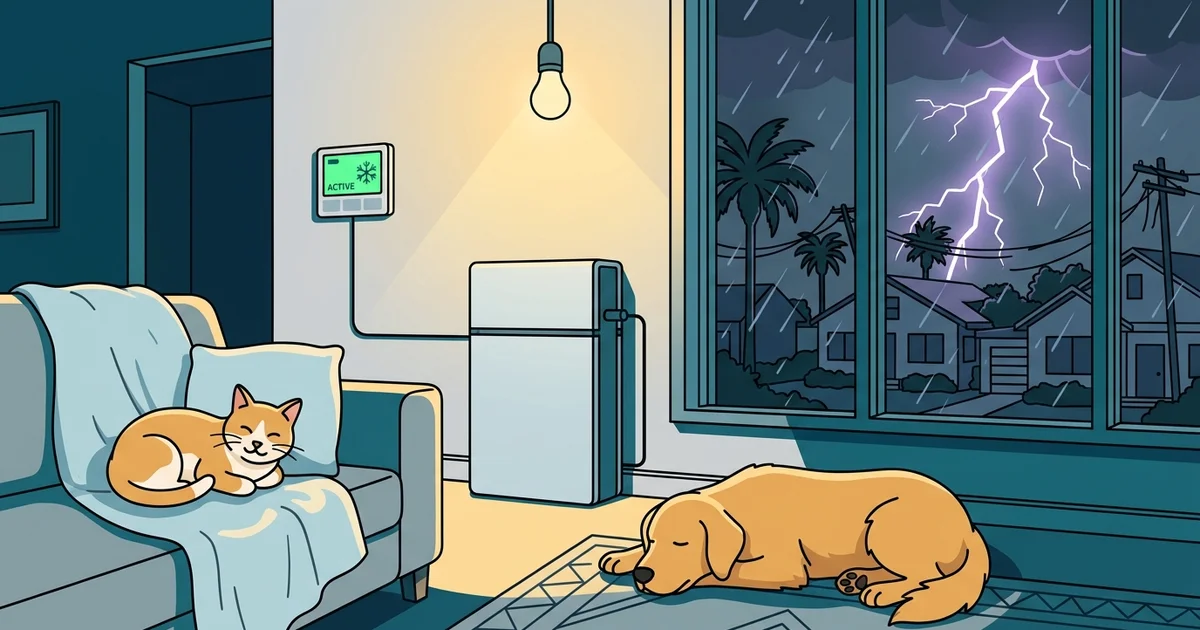 Calm dog and cat resting on a cool tile floor near a floor AC vent in a warm Houston living room, with a wall-mounted home battery backup unit on the adjacent wall.