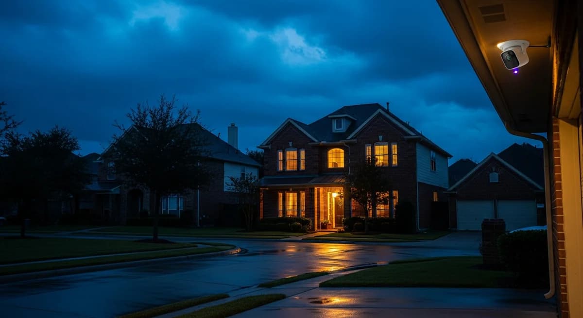 A security camera on the one Houston home with power while the rest of the street sits dark during an outage after a storm.
