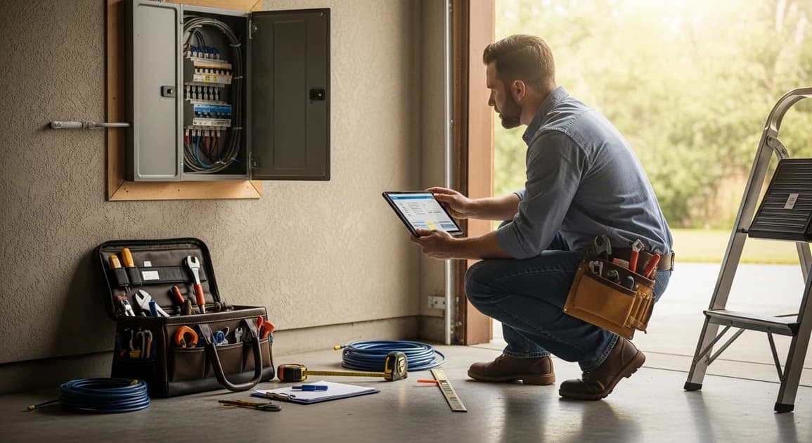 A battery installation technician with a tablet inspecting a residential electrical panel in a Houston garage during a pre-install site survey.