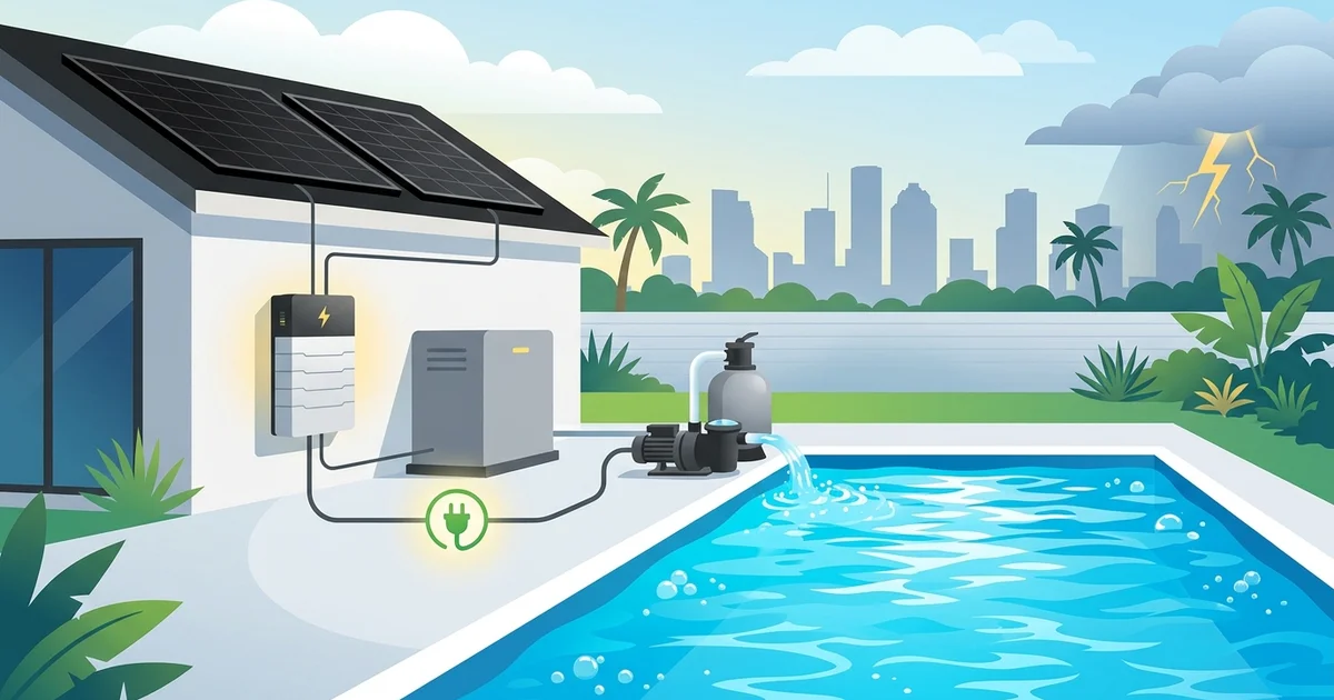 Houston backyard pool with rooftop solar collector panels and a wall-mounted home battery backup enclosure on the side house wall.