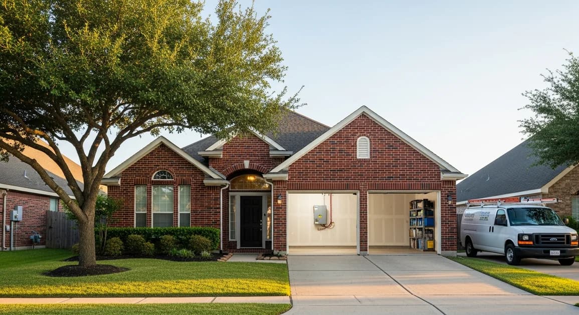 Sugar Land Texas suburban home with a wall-mounted home battery backup unit in the garage and a service van in the driveway during late afternoon installation.